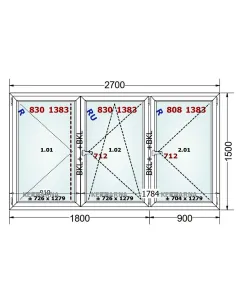 Okno PCV 270 x 150 cm Rozwierne-Rozwierno-Uchylne-Rozwierne Trzyszybowe Gealan Linear 2