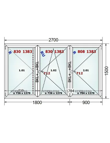 Okno PCV 270 x 150 cm Rozwierne-Rozwierno-Uchylne-Rozwierne Trzyszybowe Gealan Linear