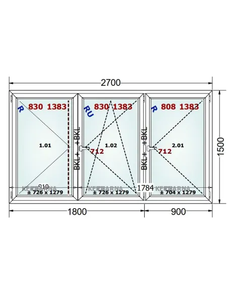 Okno PCV 270 x 150 cm Rozwierne-Rozwierno-Uchylne-Rozwierne Trzyszybowe Gealan Linear