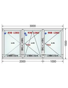 Okno PCV 300 x 150 cm Rozwierne-Rozwierno-Uchylne-Rozwierne Trzyszybowe Gealan Linear 2