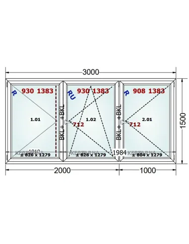 Okno PCV 300 x 150 cm Rozwierne-Rozwierno-Uchylne-Rozwierne Trzyszybowe Gealan Linear