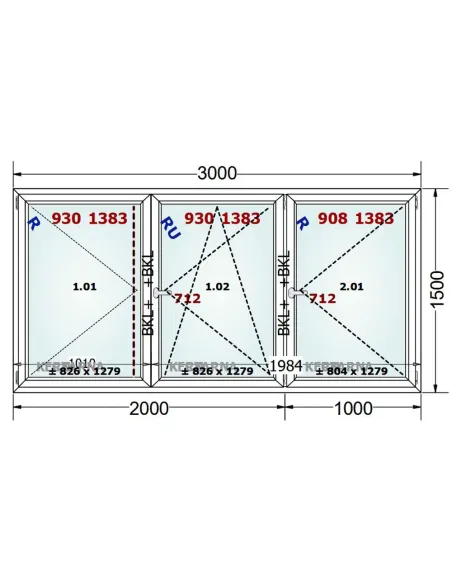 Okno PCV 300 x 150 cm Rozwierne-Rozwierno-Uchylne-Rozwierne Trzyszybowe Gealan Linear