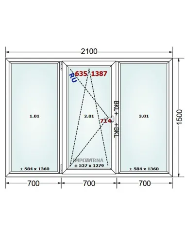 Okno PCV 210 x 150 cm FIX-Rozwierno-Uchylne-FIX Trzyszybowe Gealan S9000