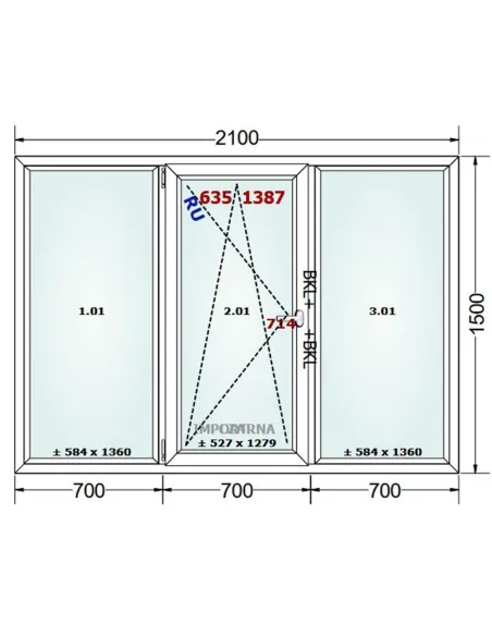 Okno PCV 210 x 150 cm FIX-Rozwierno-Uchylne-FIX Trzyszybowe Gealan S9000