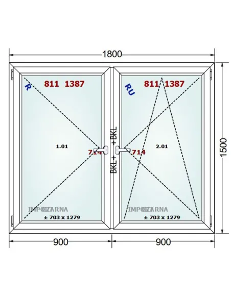 Okno PCV 180 x 150 cm Rozwierne-Rozwierno-Uchylne Trzyszybowe Gealan S9000