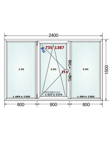 Okno PCV 240 x 150 cm FIX-Rozwierno-Uchylne-FIX Trzyszybowe Gealan S9000