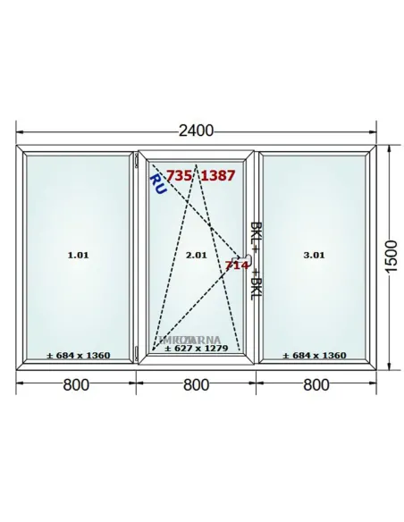 Okno PCV 240 x 150 cm FIX-Rozwierno-Uchylne-FIX Trzyszybowe Gealan S9000