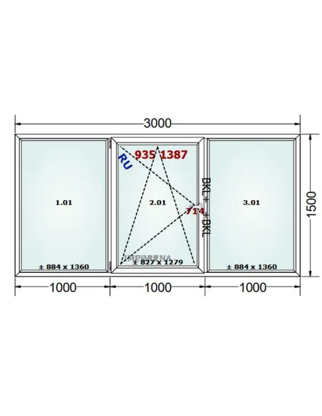 Okno PCV 300 x 150 cm FIX-Rozwierno-Uchylne-FIX Trzyszybowe Gealan S9000