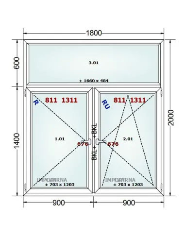 Okno PCV 180 x 200 cm FIX-Rozwierne-Rozwierno-Uchylne Trzyszybowe Gealan S9000