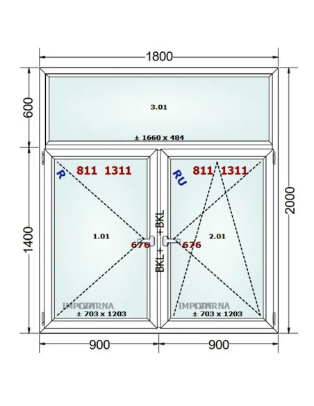 Okno PCV 180 x 200 cm FIX-Rozwierne-Rozwierno-Uchylne Trzyszybowe Gealan S9000