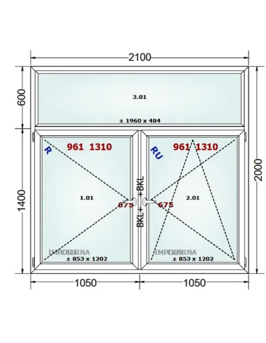 Okno PCV 210 x 200 cm FIX-Rozwierne-Rozwierno-Uchylne Trzyszybowe Gealan S9000