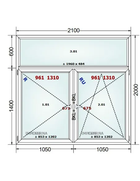 Okno PCV 210 x 200 cm FIX-Rozwierne-Rozwierno-Uchylne Trzyszybowe Gealan S9000