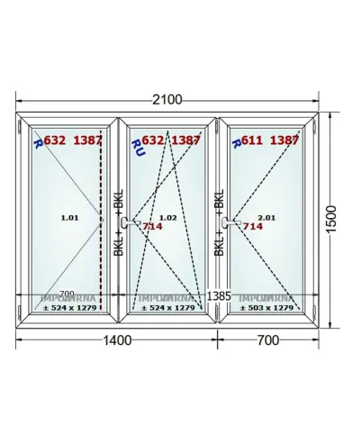 Okno PCV 210 x 150 cm Rozwierne-Rozwierno-Uchylne-Rozwierne Trzyszybowe Gealan S9000