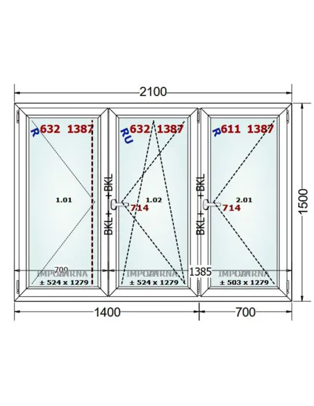 Okno PCV 210 x 150 cm Rozwierne-Rozwierno-Uchylne-Rozwierne Trzyszybowe Gealan S9000