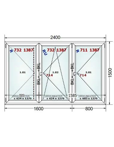 Okno PCV 240 x 150 cm Rozwierne-Rozwierno-Uchylne-Rozwierne Trzyszybowe Gealan S9000