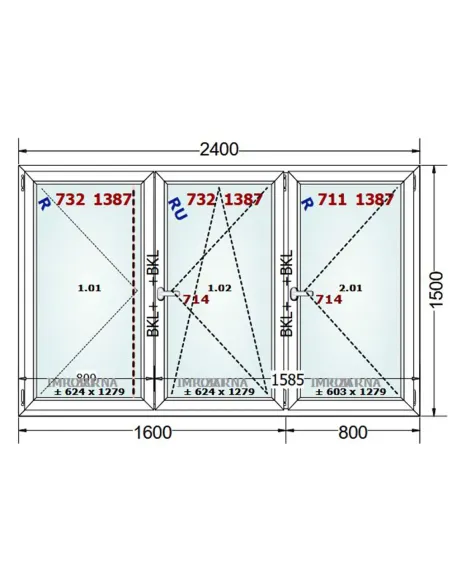 Okno PCV 240 x 150 cm Rozwierne-Rozwierno-Uchylne-Rozwierne Trzyszybowe Gealan S9000