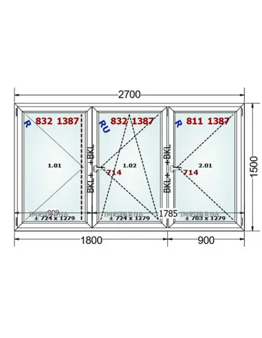 Okno PCV 270 x 150 cm Rozwierne-Rozwierno-Uchylne-Rozwierne Trzyszybowe Gealan S9000