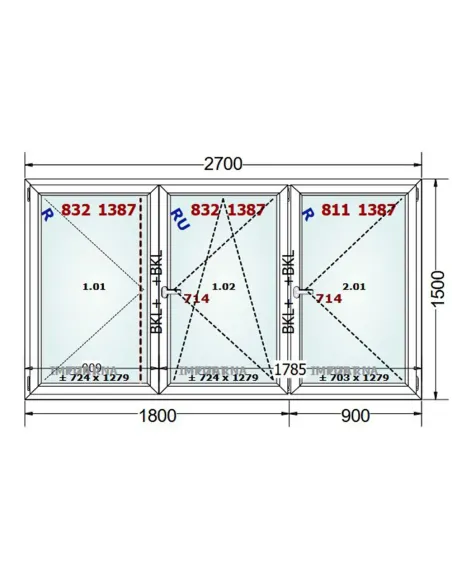 Okno PCV 300 x 150 cm Rozwierne-Rozwierno-Uchylne-Rozwierne Trzyszybowe Gealan S9000