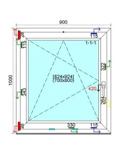 Okno PCV 90x100 cm Rozwierno-Uchylne Trzyszybowe Kömmerling 76 MD 2