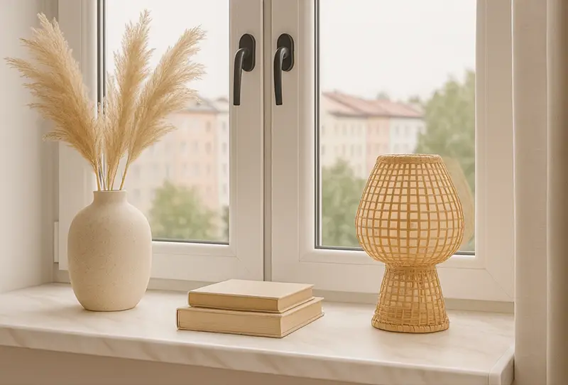Biały parapet plastikowy pod białym oknem z czarnmi klamkami. Na parapecie dekoracje