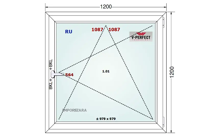Schemat okna rozwierno-uchylnego Gealan S 9000 o wymiarach 120 &times; 120 cm