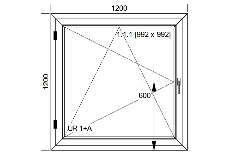 Schemat okna rozwierno-uchylnego Aluplast IDEAL 8000 o wymiarach 120 &times; 120 cm