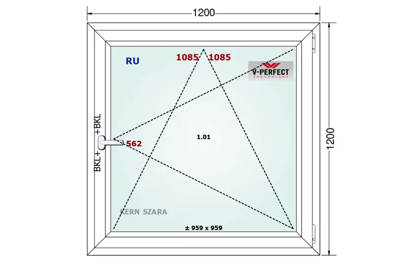Schemat okna rozwierno-uchylnego SCH&Uuml;CO LivIng 82 o wymiarach 120 &times; 120 cm