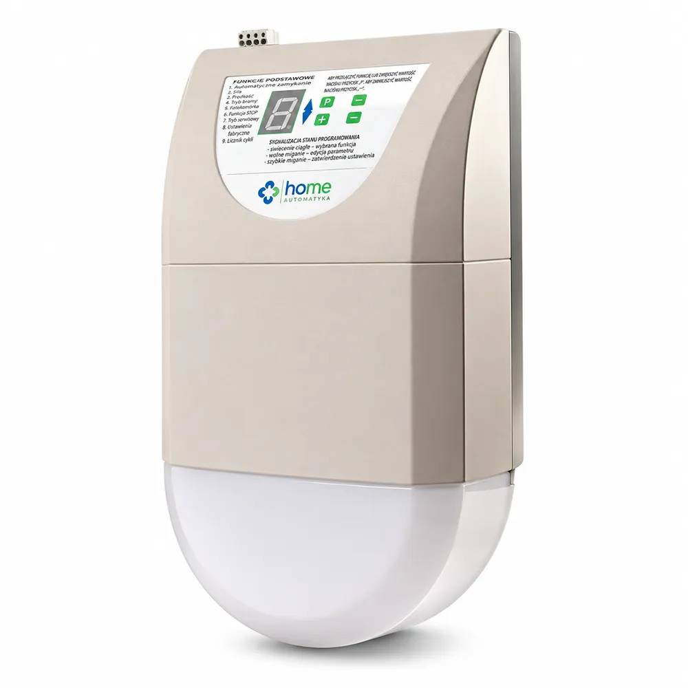 Automatyczny napęd do bramy garażowej Home Automation w jasnej obudowie, z panelem sterowania i wyświetlaczem LED, o sile ciągu 1000 N, przeznaczony do bram segmentowych i uchylnych