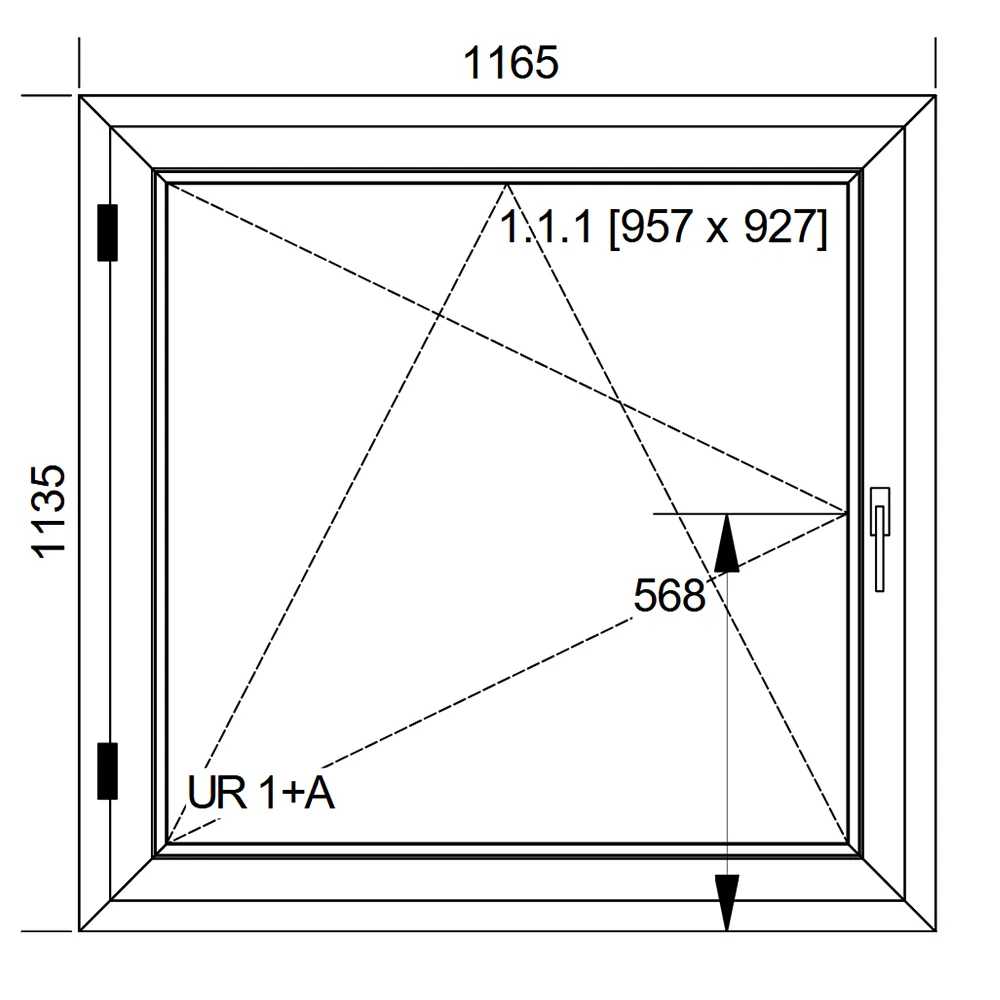 Schemat okna IDEAL 8000 o wymiarach 1165 x 1135 mm z pakietem trzyszybowym