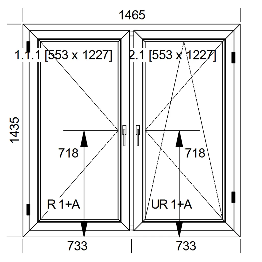 Schemat okna IDEAL 8000 o wymiarach 1465 x 1435 mm z pakietem trzyszybowym