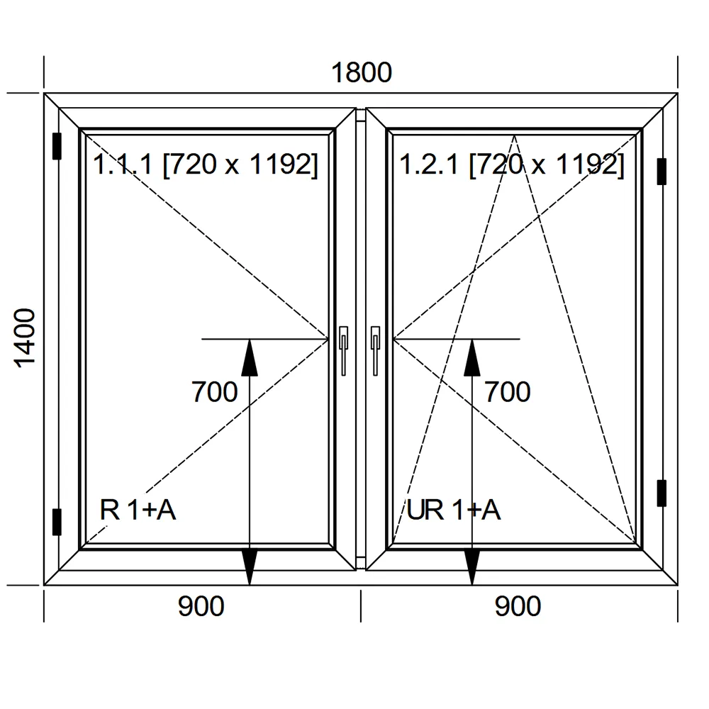 Schemat okna IDEAL 8000 o wymiarach 1800 x 1400 mm z pakietem trzyszybowym