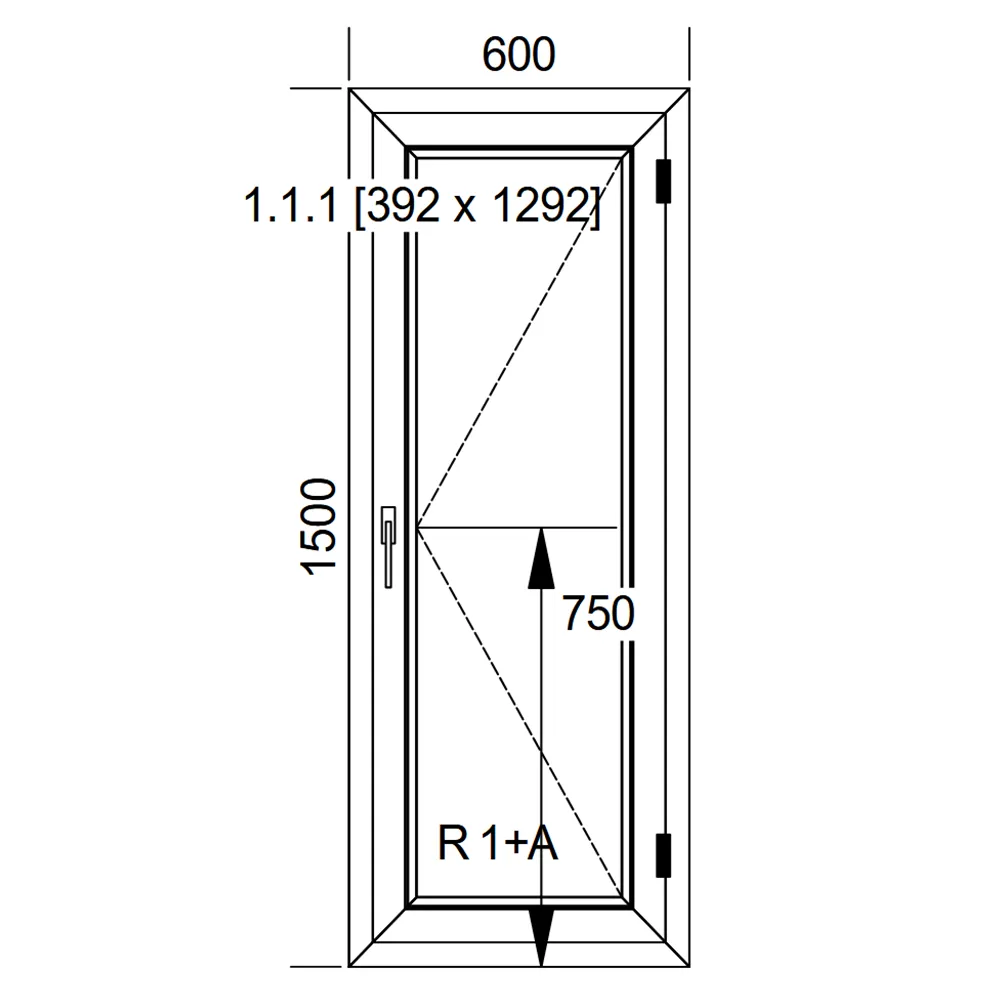 Schemat okna IDEAL 8000 o wymiarach 600 x 1500 mm z pakietem trzyszybowym