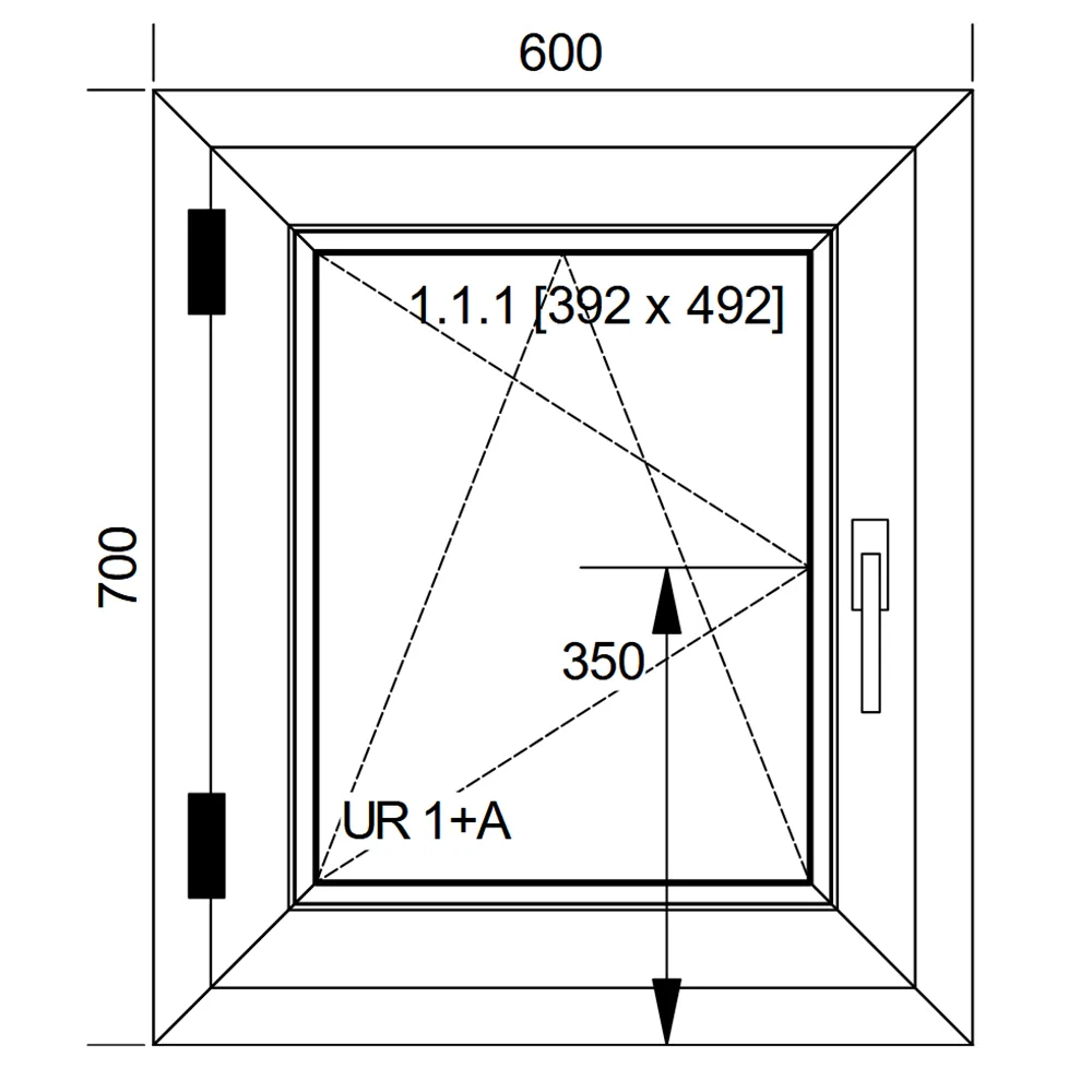Schemat okna IDEAL 8000 o wymiarach 600 x 700 mm z pakietem trzyszybowym
