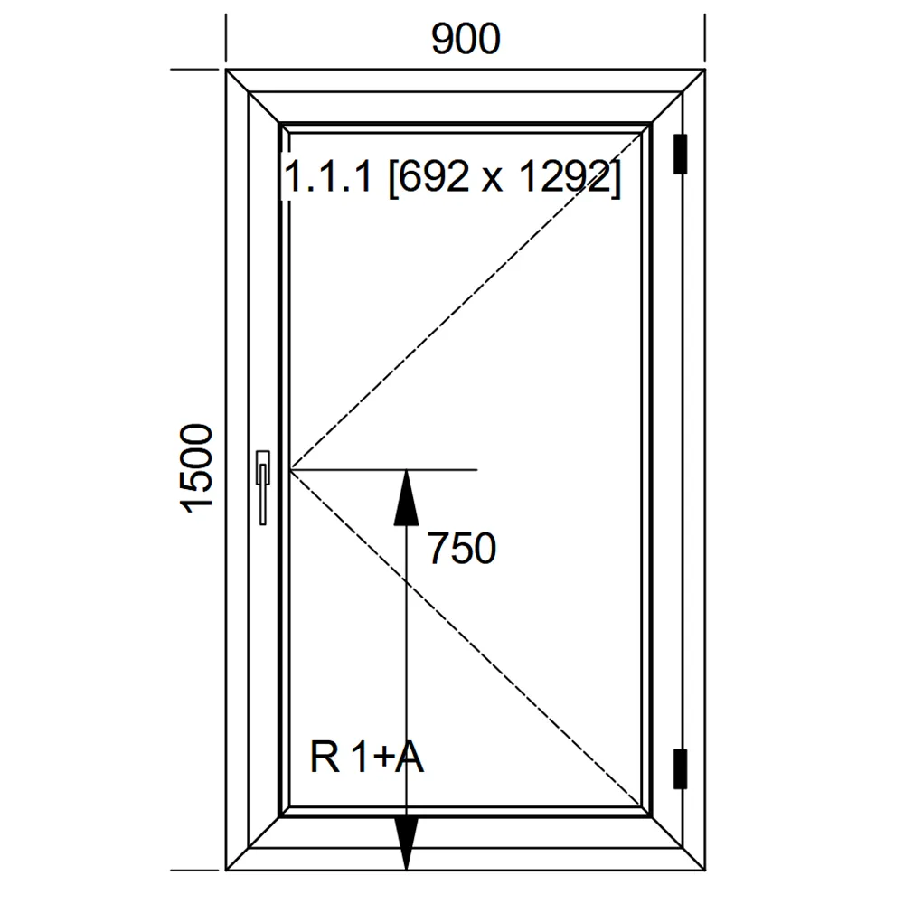 Schemat okna IDEAL 8000 o wymiarach 900 x 1500 mm z pakietem trzyszybowym