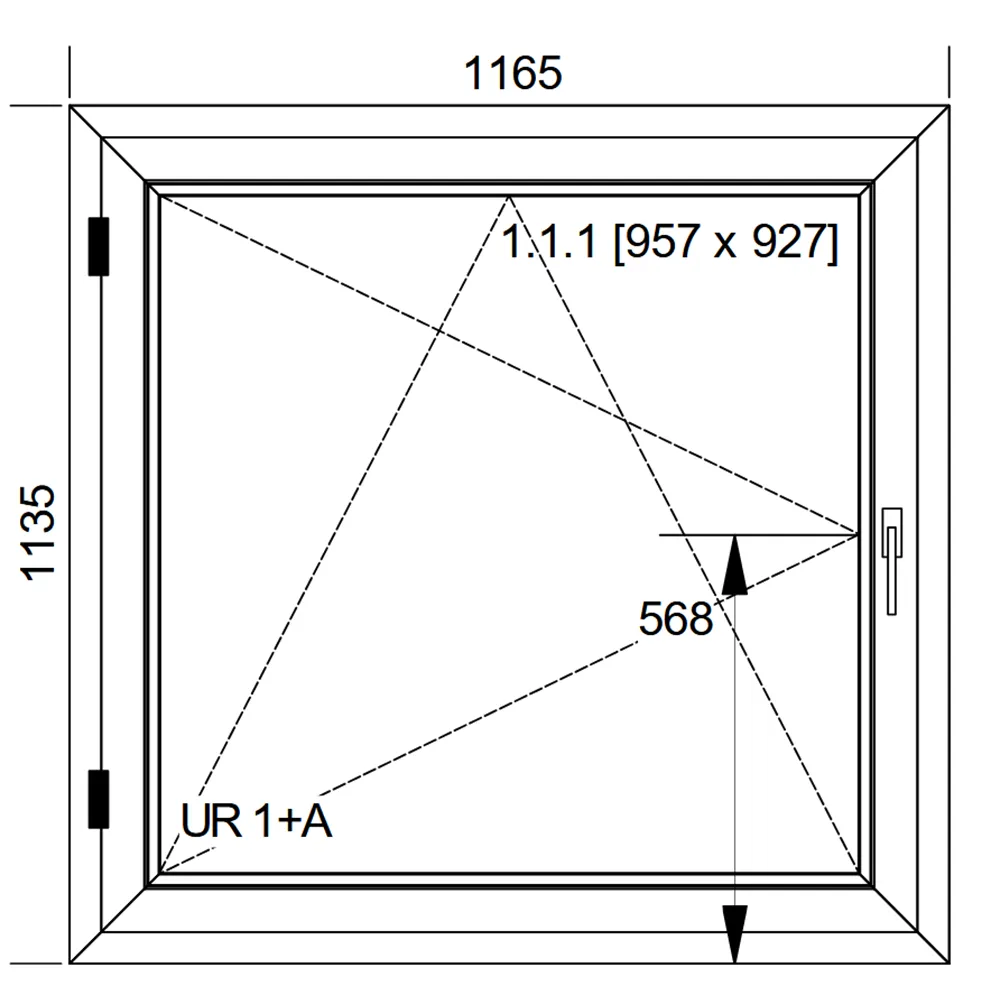 Schemat okna IDEAL 7000 o wymiarach 1165 &times; 1135 mm z pakietem trzyszybowym
