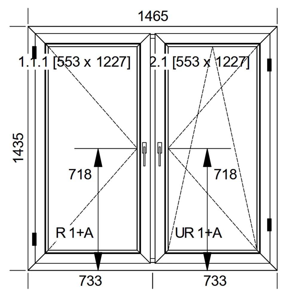 Schemat okna IDEAL 7000 o wymiarach 1465 x 1435 mm z pakietem trzyszybowym