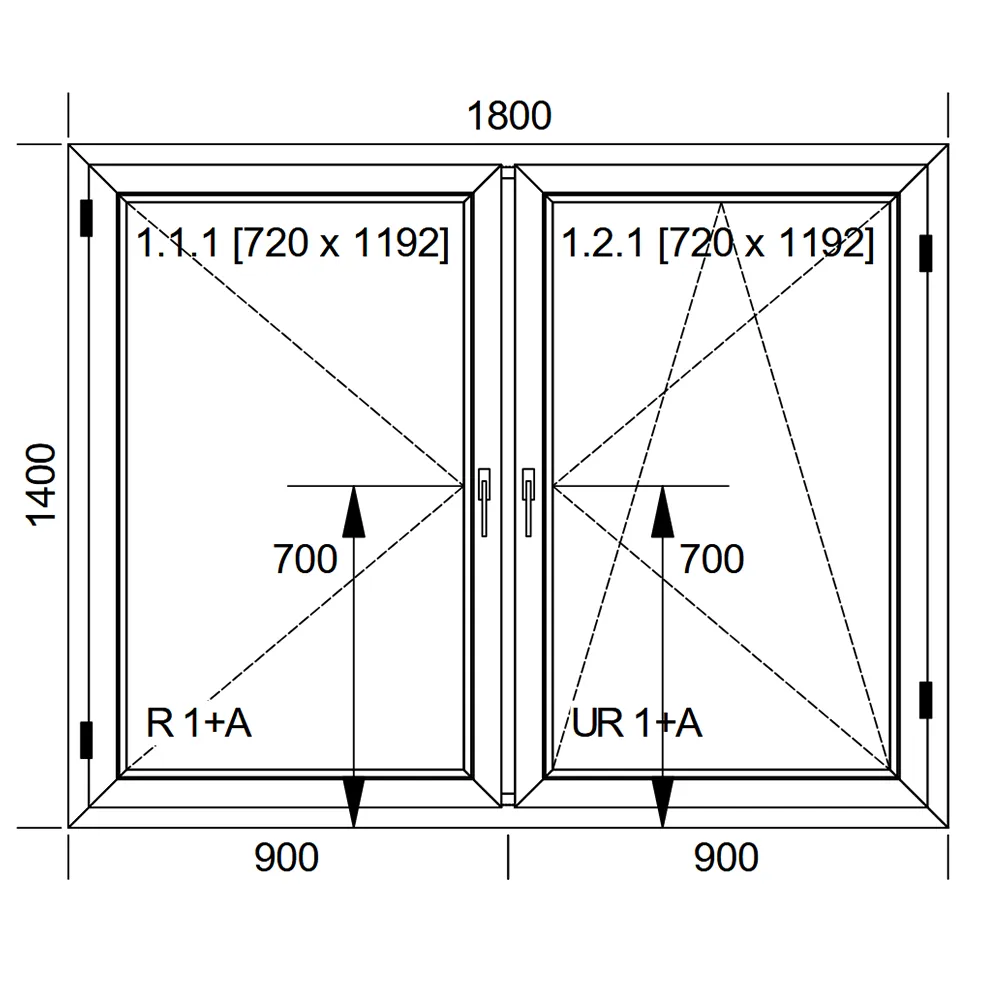 Schemat okna IDEAL 7000 o wymiarach 1800 × 1400 mm z pakietem trzyszybowym