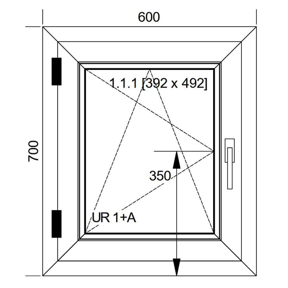 Schemat okna IDEAL 7000 o wymiarach 600 &times; 700 mm z pakietem trzyszybowym