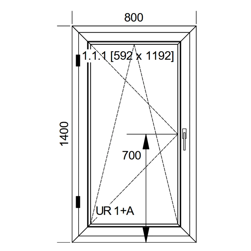 Schemat okna Rozwierno-Uchylnego IDEAL 4000 o wymiarach 800 × 1400 mm z pakietem dwuszybowym 4/16/4