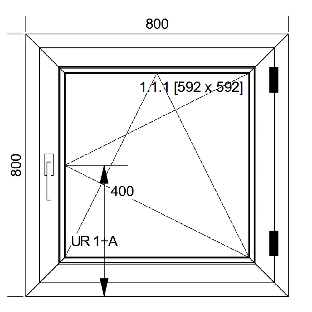 Schemat białego okna Aluplast IDEAL 7000 o wymiarach 80 × 80 cm ze skrzydłem rozwierno-uchylnym, okuciami Winkhaus i pakietem trzyszybowym 4/18SS/4/18SS/4