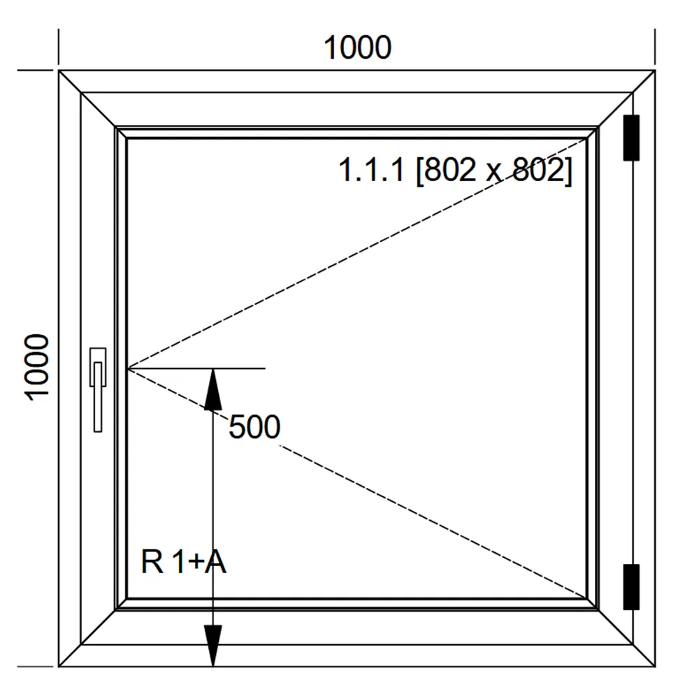 Schemat białego okna stałego rozwieranego IDEAL 4000 o wymiarach 100 × 100 cm z pakietem dwuszybowym 4/16/4