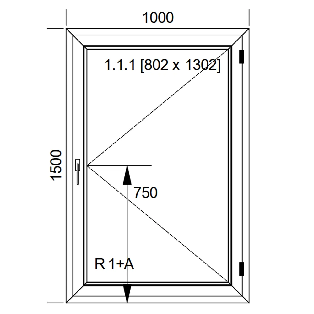 Schemat białego okna IDEAL 4000 o wymiarach 100 × 150 cm ze skrzydłem rozwiernym i pakietem dwuszybowym 4/16/4