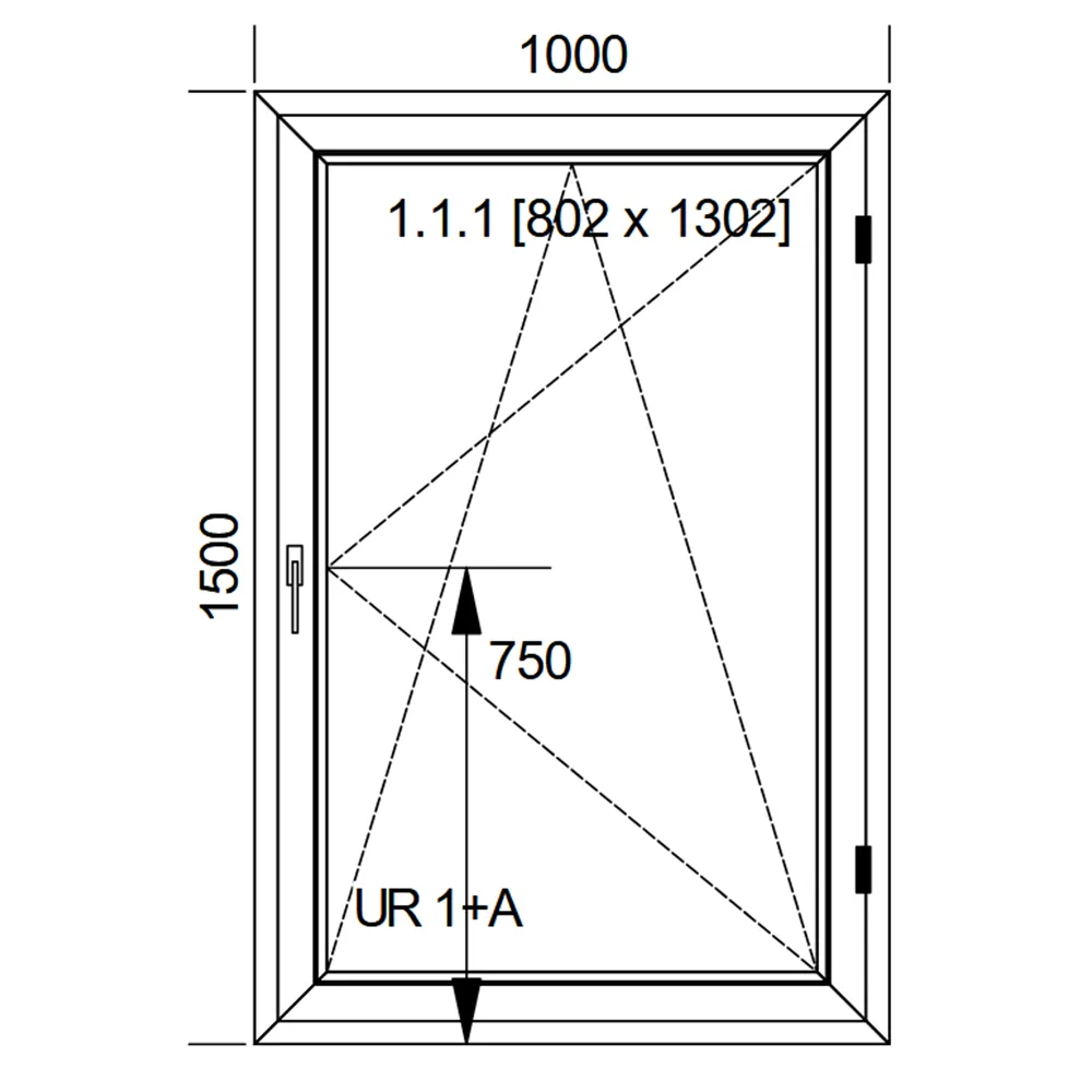 Schemat białego okna IDEAL 4000 o wymiarach 100 × 150 cm ze skrzydłem rozwierno-uchylnym i pakietem dwuszybowym 4/16/4