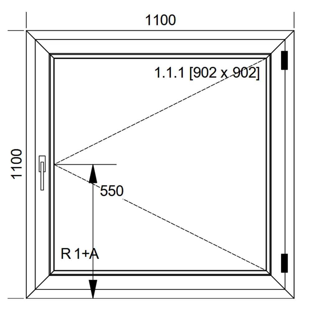Schemat białego okna stałego rozwieranego IDEAL 4000 o wymiarach 110 × 110 cm z pakietem dwuszybowym 4/16/4