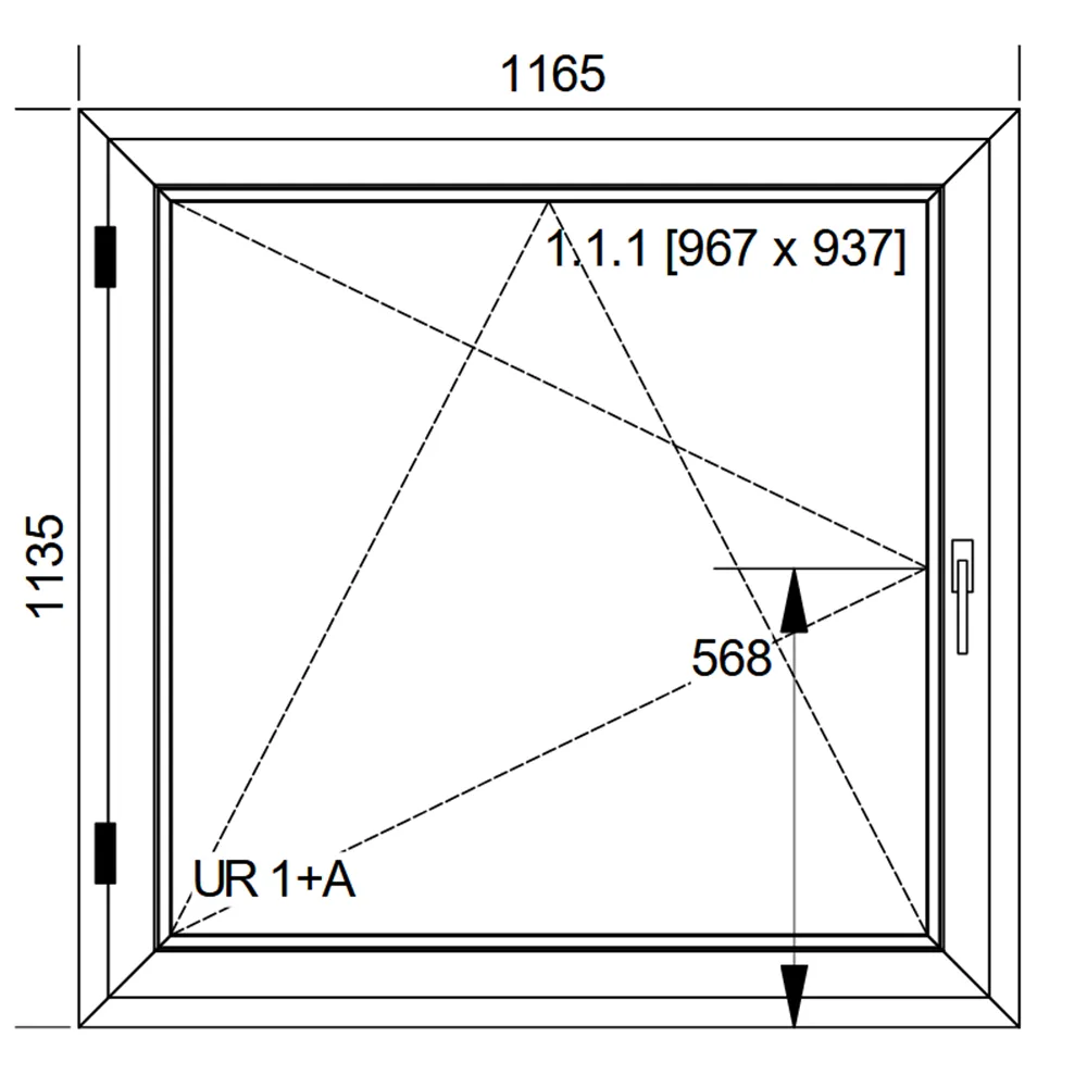Schemat okna Rozwierno-Uchylnego IDEAL 4000 o wymiarach 1165 × 1135 mm z pakietem dwuszybowym 4/16/4
