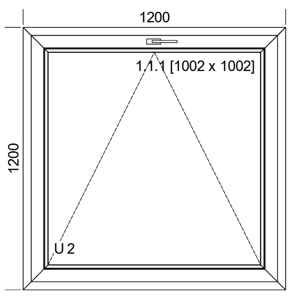 Schemat białego okna stałego uchylnego IDEAL 4000 o wymiarach 120 × 120 cm z pakietem dwuszybowym 4/16/4