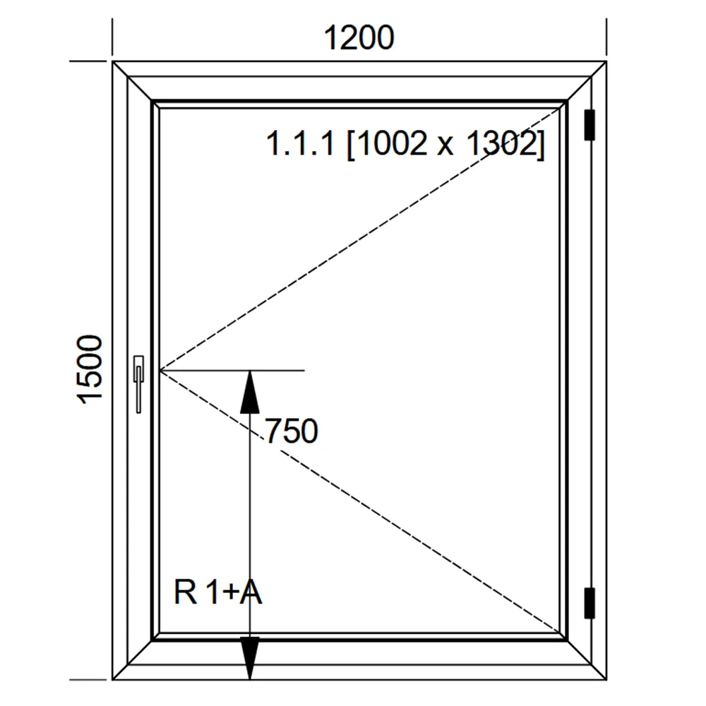 PL: Schemat białego okna IDEAL 4000 o wymiarach 120 × 150 cm ze skrzydłem rozwiernym i pakietem dwuszybowym 4/16/4