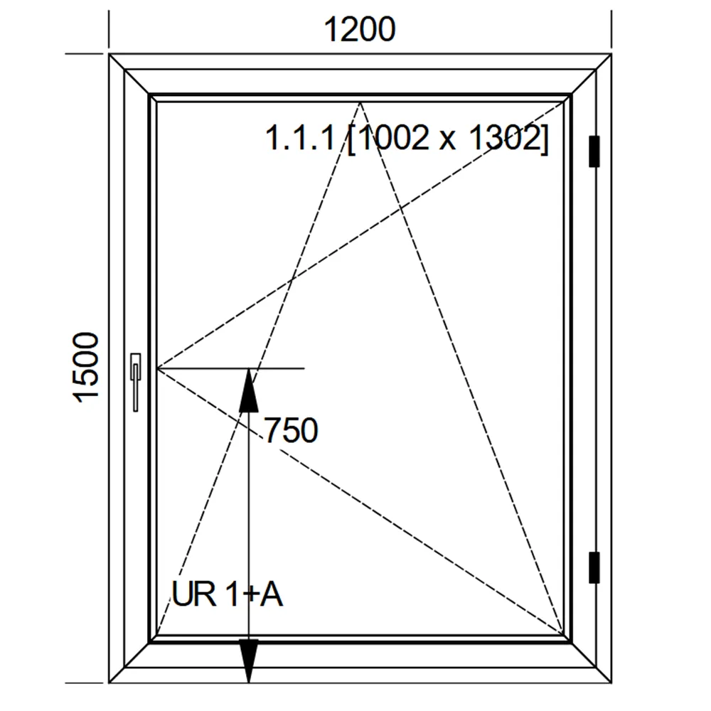 Schemat białego okna IDEAL 4000 o wymiarach 120 × 150 cm ze skrzydłem rozwierno-uchylnym i pakietem dwuszybowym 4/16/4