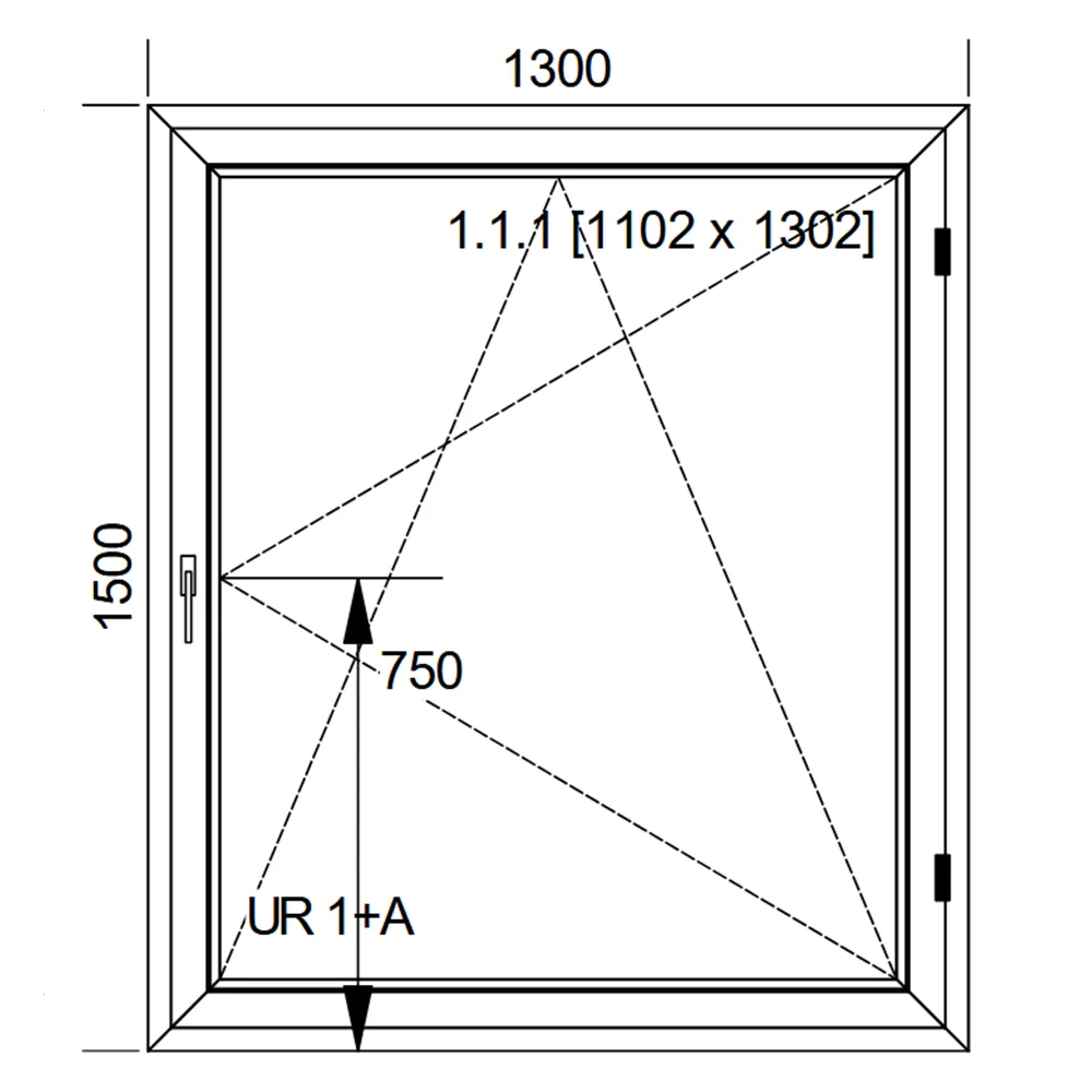 Schemat białego okna IDEAL 4000 o wymiarach 130 × 150 cm ze skrzydłem rozwierno-uchylnym oraz pakietem dwuszybowym 4/16/4