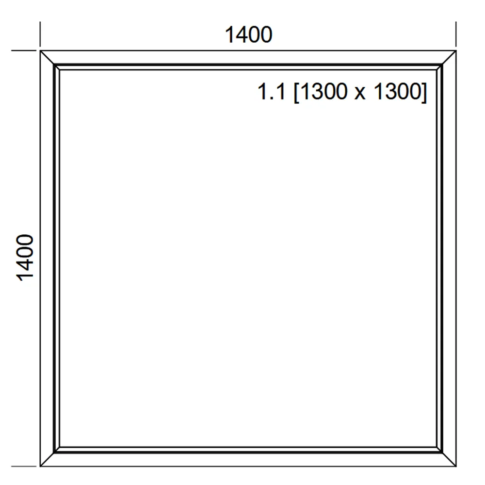 Schemat białego okna stałego FIX IDEAL 4000 o wymiarach 140 × 140 cm z pakietem dwuszybowym 4/16/4